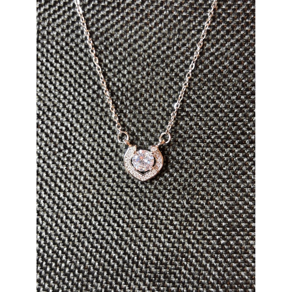 Sterling Silver Horseshoe Pendant Necklace with Round Cut Clear Crystal Accents